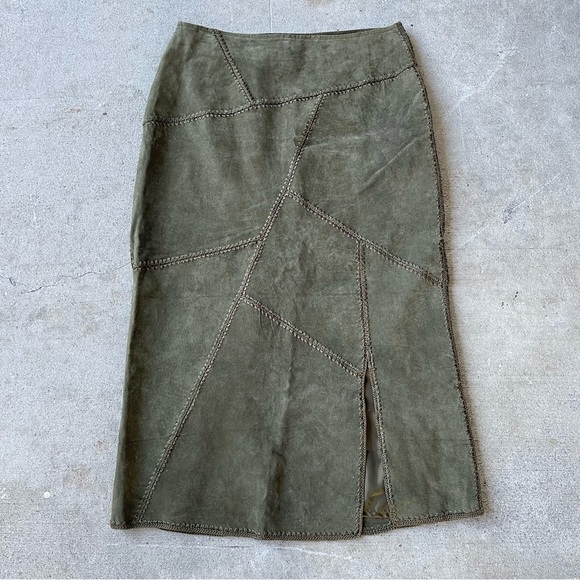 Vintage label Green 100% suede Leather midi length skirt ethereal size 16 - Picture 4 of 6